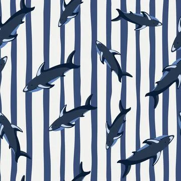 Animal ocean seamless pattern with random shark silhouettes print. Striped ba 스톡 일러스트