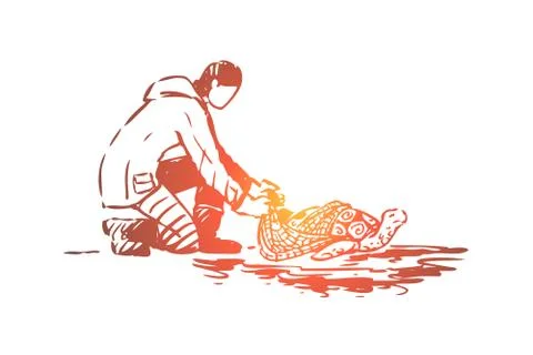 Animal, ocean, turtle, eco, help concept. Hand drawn isolated vector. 스톡 일러스트