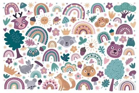 Animal pattern. Kid card doodle elements, child rainbow design for nursery イラスト素材