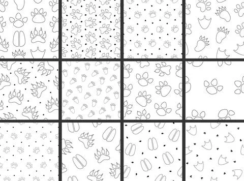 Animal paw print. Seamless pattern. Coloring Page. 스톡 일러스트