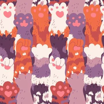 Animal paws seamless pattern, background with cartoon vector illustration Stock Illustration