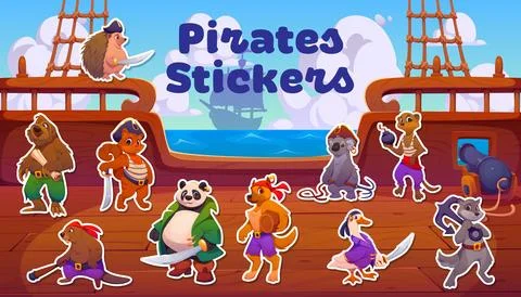 Animal pirate crew characters on deck stickers set 스톡 일러스트