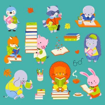 Animal reading and study. Cute cartoon elephant, bunny and lion read books Ilustración de archivo