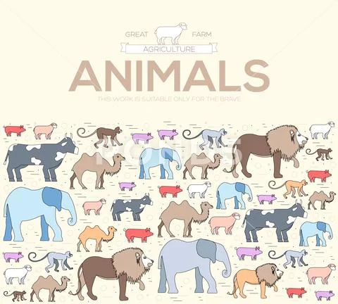 Animal round concept of lion, monkey, camel, elephant, cow, pig, sheep. Vector Stock Illustration