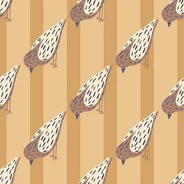 Animal seamless doodle pattern with hand drawn bird ornament. Beige striped b Stock Illustration