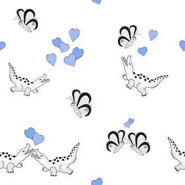 Animal seamless pattern. Crocodile, alligator, butterfly, and heart. Stock Illustration