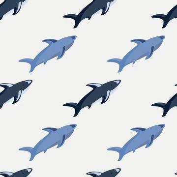 Animal seamless pattern with diagonal blue shark elements. Pastel grey backgr Illustrazione stock