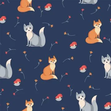 Animal seamless pattern. Fox and wolf on blue background. Pattern for textile Stockillustratie