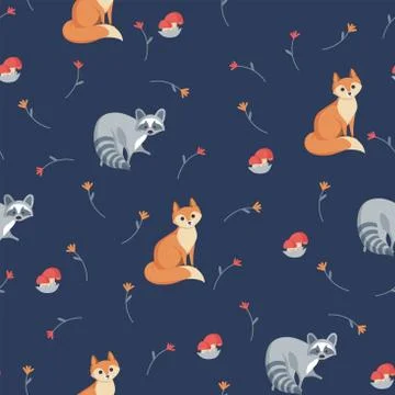 Animal seamless pattern. Fox and raccoon with flowers and mushrooms. Vector Stock Illustration