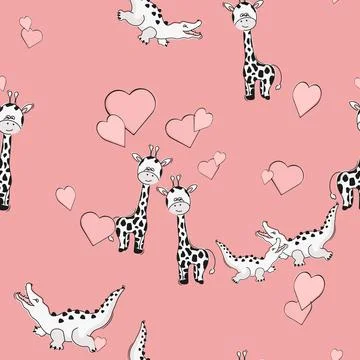 Animal seamless pattern. Giraffe, alligator, crocodile and heart. Stock Illustration