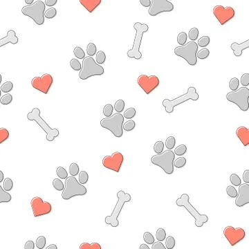 Animal seamless pattern isolated on white background. Dog paw, bone and heart 스톡 일러스트