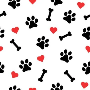 Animal seamless pattern isolated on white background. Dog paw, bone and heart Illustrazione stock