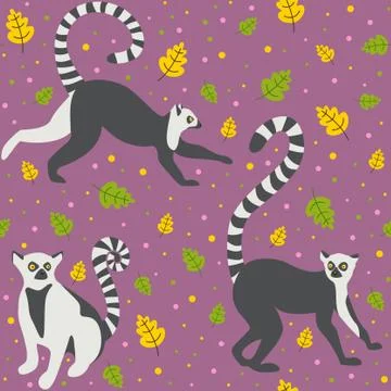 Animal seamless pattern. Lemurs and leaves on a violet background. Stock Illustration