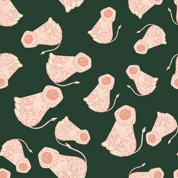 Animal seamless pattern with light pink lion ornament. Dark green background. Stock Illustration