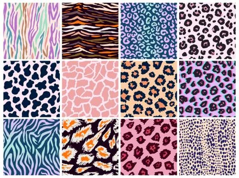 Animal seamless pattern set. Mammals Fur. Collection of Neon color bright Print 스톡 일러스트