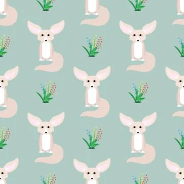 Animal seamless pattern. Small cute fennec with big ears. Stock Illustration