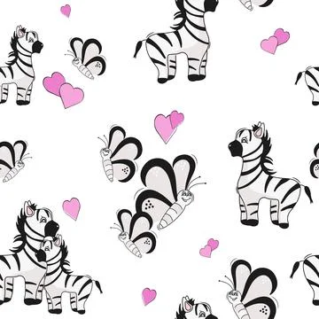 Animal seamless pattern. Zebra, butterfly, and heart. Stock Illustration