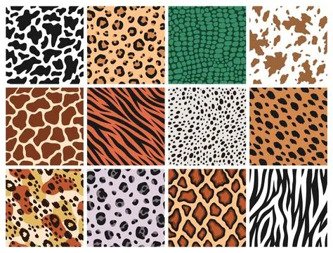 Animal seamless patterns. Mammals, predators fur, reptile skin prints, leather Stock Illustration