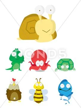 Animal Set : Slug, Crocodile,Octopus,T urtle,Chicken,Bee & Fish Stock Illustration