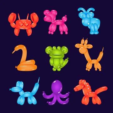 Animal Shaped Bright Balloons Vector Illustration Stock Illustration