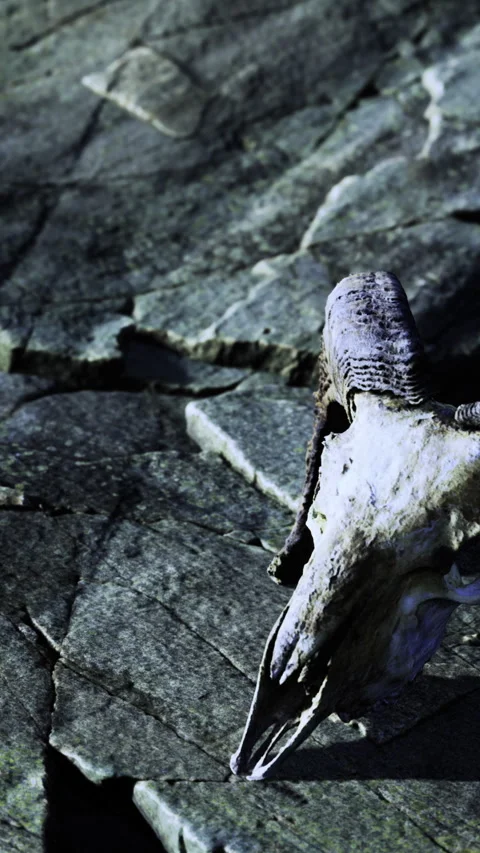 Animal skull on rocks in a natural setting during daylight hours Stock Footage 334885701