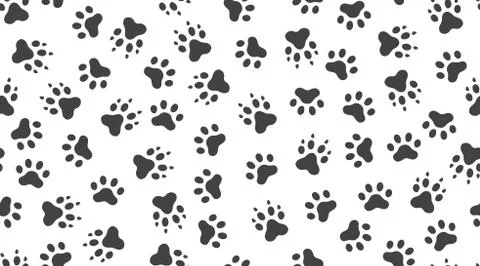 Animal tracks vector seamless pattern with flat icons. Black white color pet paw Stock Illustration