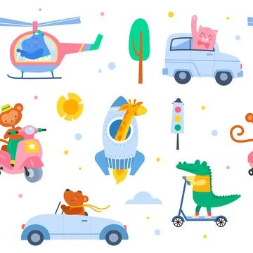 Animal transport seamless pattern. Cute characters in vehicles, baby beasts in 스톡 일러스트