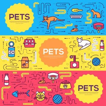 Animal vector brochure cards thin line set. Cute home pets template of flyear Stockillustratie