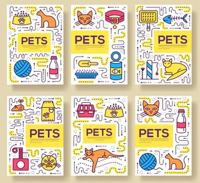 Animal vector brochure cards thin line set. Cute home pets template of flyear Stock Illustration