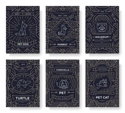 Animal vector brochure cards thin line set. Cute home pets template of flyear Stock Illustration