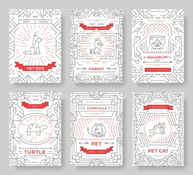 Animal vector brochure cards thin line set. Cute home pets template of flyear Stock Illustration