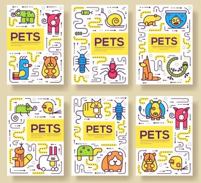 Animal vector brochure cards thin line set. Cute home pets template of flyear Stock Illustration
