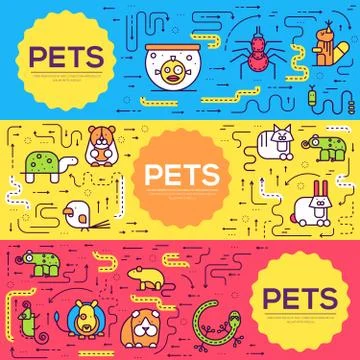 Animal vector brochure cards thin line set. Cute home pets template of flyear Stock Illustration