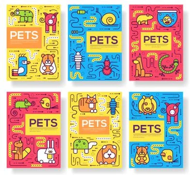 Animal vector brochure cards thin line set. Cute home pets template of flyear Illustrazione stock
