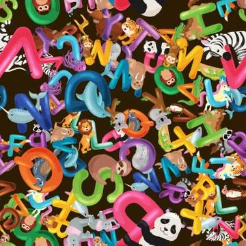 Animals alphabet background, Set of cartoon English type letters with cute zoo Stock Illustration