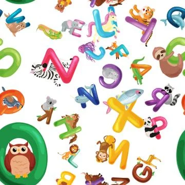 Animals alphabet background, Set of cartoon English type letters with cute zoo Stock Illustration