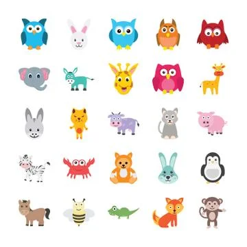 Animals and Birds Flat Vector Icons Stock Illustration