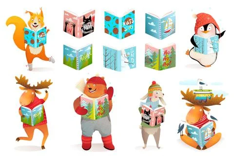Animals and Books Reading Study Collection Stock Illustration