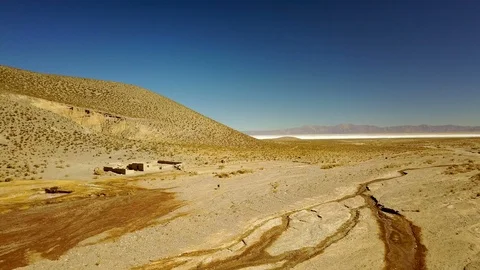 Animals and small stream in arid desert environment salar background AERIAL SHOT Stock Footage 88337736