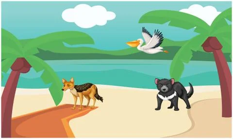 Animals are playing on a beach forest Stock Illustration
