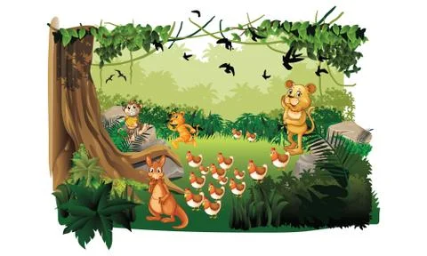 Animals are playing in jungle Stock Illustration