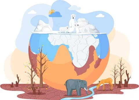 Animals around planet Earth during global warming, temperature rising and change Stock Illustration