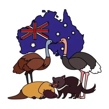 Animals of australia with map of australia in the background Stock Illustration