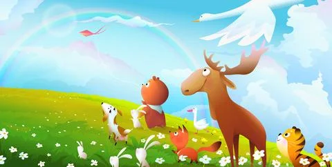 Animals Bear and Moose in Field Flying Kite in Sky Stock Illustration