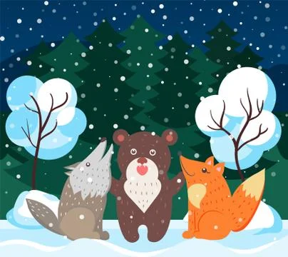 Animals Like Bear, Wolf and Fox in Winter Forest Ilustración de archivo