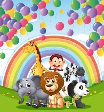 Animals below the  floating balloons and rainbow Ilustración de archivo