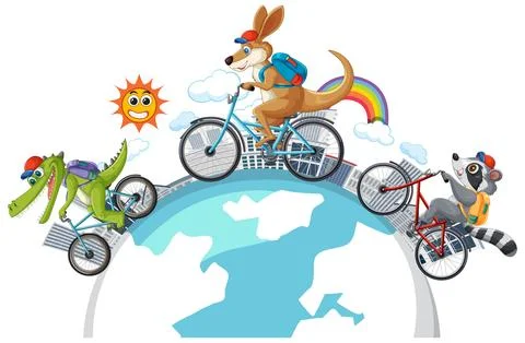 Animals Biking Around the World Stock Illustration