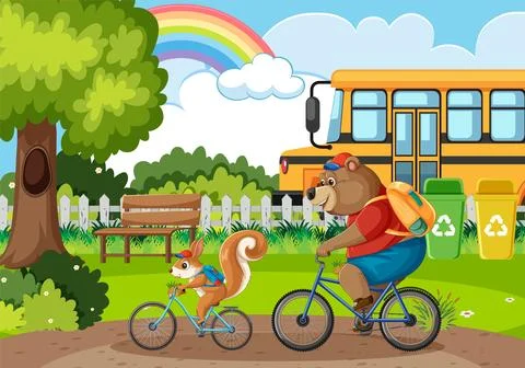 Animals Biking in a Park Scene Ilustración de archivo