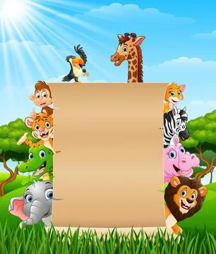 Animals with a blank sign paper Stock Illustration