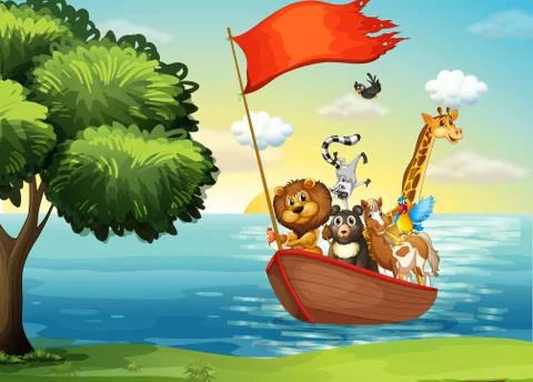Animals in boat Stock Illustration